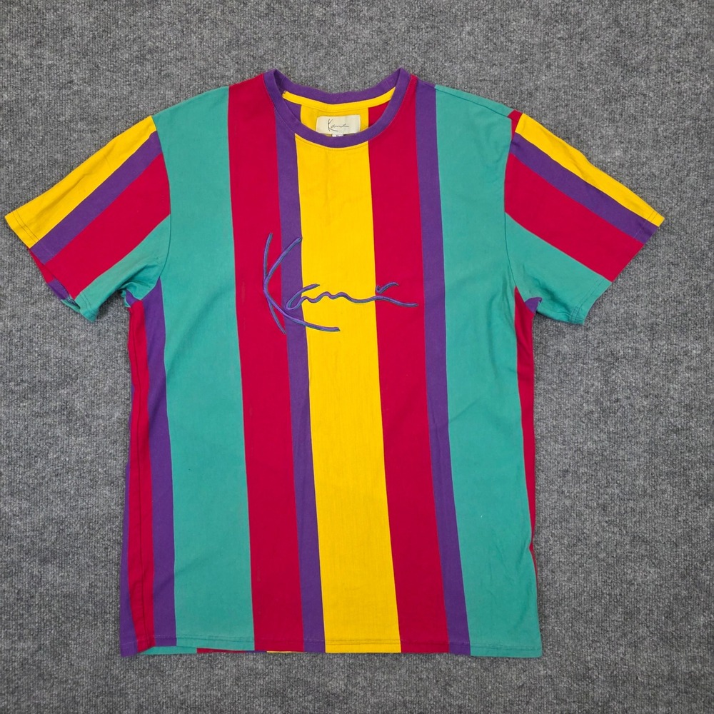 VTG Karl Kani T-Shirt Mens XL Multicolor Vertical Stripe Embroidered Hip Hop Y2K